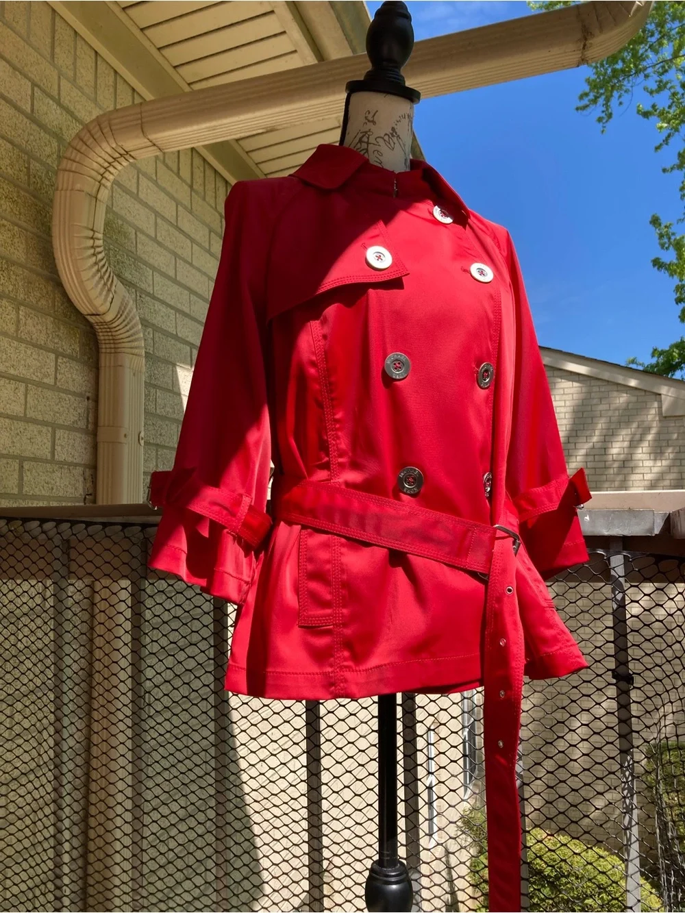Michael Kors Red Belted Cropped Trench Coat Silver Hardware
